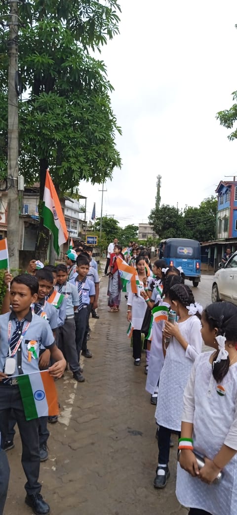 Students marching with flags